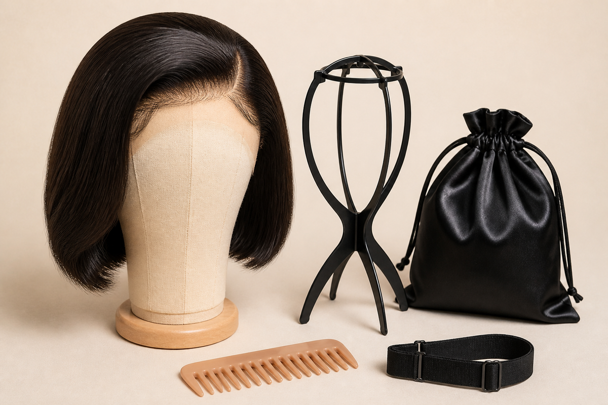 Short human hair bob wig on a mannequin head beside basic wig care tools on a neutral background.