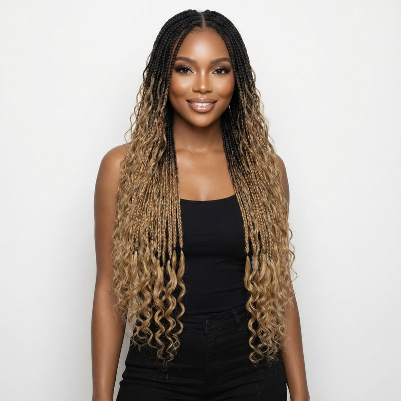 Honey Blonde Ombre Deep Wave Boho Braids with Human Hair Blend
